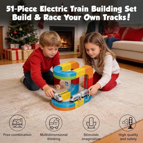 Image of ADKD DIY Cube Track Magic Rail Train Set, 51 Pcs,Educational Building Track Toy for Kids Multicolour, for Ages 3+, Loop,Multi-Layer Tracks (51 Pcs Block Set)