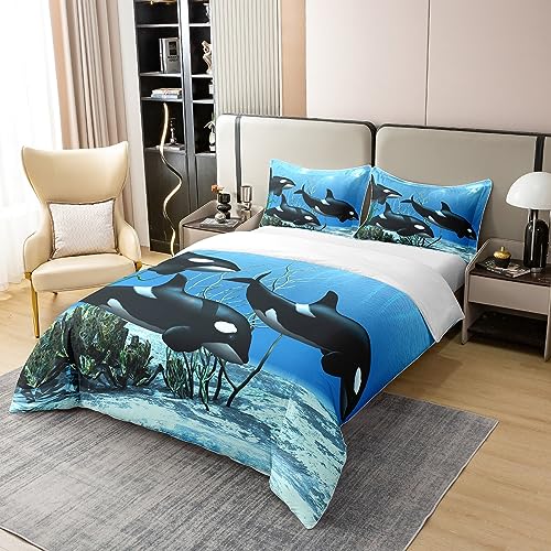 Pure Cotton Killer Whale Bedding Sets Orcinus Orcas Comforter Cover The Underwater World Jellyfish Duvet Cover Set for Kids Boys Girls Deep Sea Animals Marine Life Quilt Cover Child Room Decor Single - Image 2