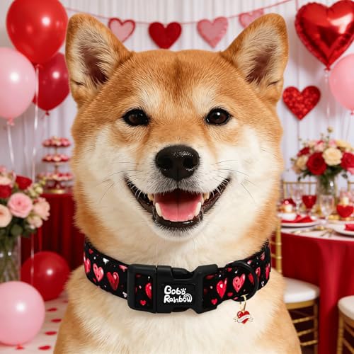 Image of Valentine's Black Base Red Heart Dog Collar for X-Small Dogs | Valentine Pet Outfit,Wedding,Anniversary,Daily Walks,Adjustable,Cotton,Quick Release Plastic Buckle,Pendant,Female /Male Dog
