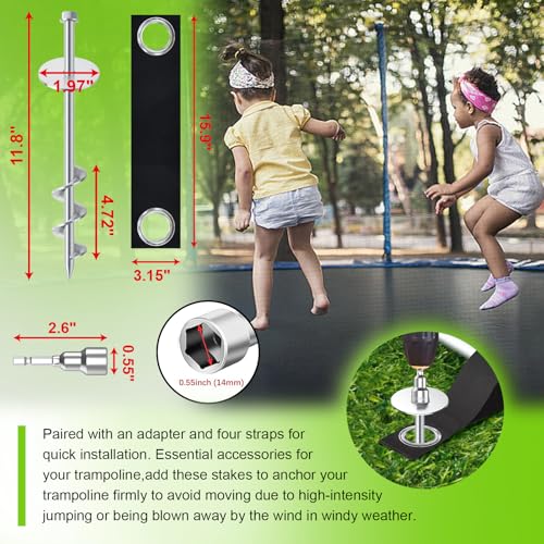 Image of Eurmax USA Ground Anchors Screw in Trampoline Anchors High Wind Tent Stakes Heavy Duty Ground Stakes Trampoline Stakes Anchor Kit Set of 4 Bonus 4 Strong Belt (Silver)