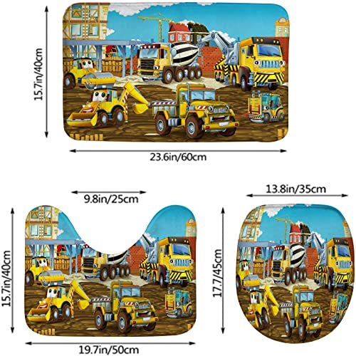 3-teiliges Badteppich-Set, Cartoon-Szene mit verschiedenen Baustellenfahrzeugen, waschbare Badteppiche, rutschfest, mit Rückenpolster, Konturteppich und Toilettendeckelbezug – Bild 3