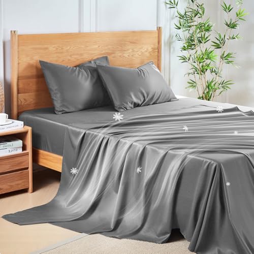 MR&HM King Size Sheets Set, 4-Piece Cooling Sheets, Rayon Derived from Bamboo & Polyester Blend, Soft & Silky, 15" Deep Pockets with Elastic Straps, Hotel Luxury for Hot Sleepers, Grey
