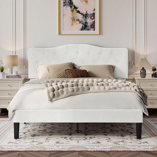 Image of VECELO Queen Size Velvet Bed Frame with Headboard, Upholstered Platform Bedframe with Strong Wooden Slats, No Box Spring Needed, Easy Assembly,Off White