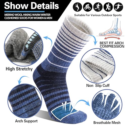 5 Pairs Merino Wool Hiking Socks Thermal Winter Warm Moisture Wicking Cushion Outdoor Socks for Women & Men4