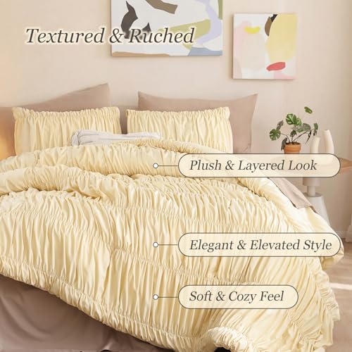 Image of weigelia Cinched Comforter Set Queen - Soft Ruched Bedding Set, 3PCS Light Yellow All-Season Fluffy Lightweight Comforter with Pillowcases for Bedroom, Apartment & Dorm Decor