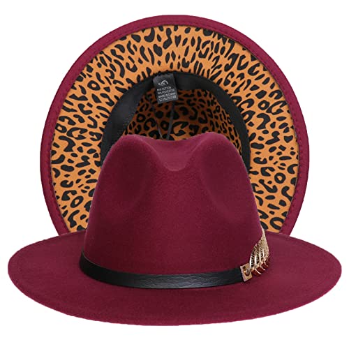 JK Home Fedora - Sombrero de Jazz para boda, bicolor, borde ancho con piel sintética, hebilla interior, cordón ajustable, granate, Talla única Cover
