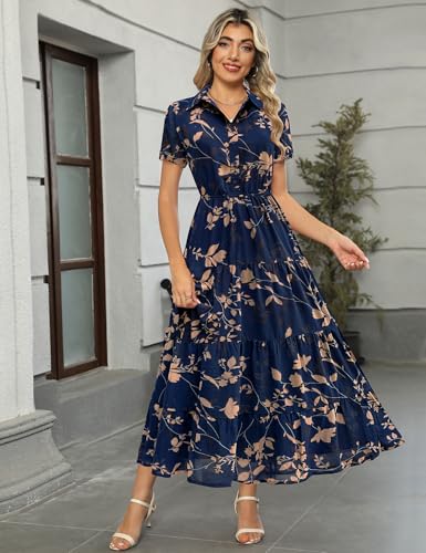 Image of Kranda Women 2026 Summer Collared V Neck Short Sleeve Button Down Chiffon Long Tiered Floral Maxi Dress with Pockets