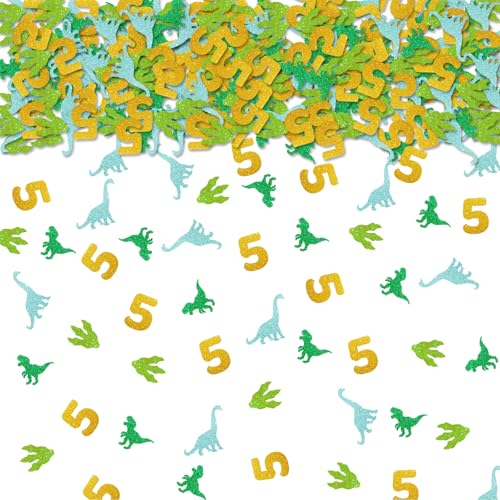 Image of 100pcs Dinosaur 5th Birthday Confetti, Dino Five Table Confetti, Jungle Animal Paper Scatters for 5th Anniversary Party Table Decoration