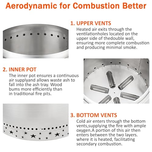 GarveeHome 27 Inch Smokeless Fire Pit, Stainless Steel Wood Burning Fire Pits with Removable Stand and Ash Pan, Portable Bonfire Pit with Handle, Outdoor Fire Pit for Camping, Picnic and Family Gather