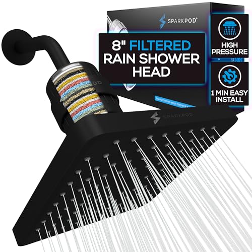Image of SparkPod Filtered Shower Head, 23-Stage, 8 inch Square, Black Matte | Showerhead for Hard Water, High Pressure, Reduces Chlorine, Heavy Metals, For Dry Skin & Hair, Removable Capsule Filter