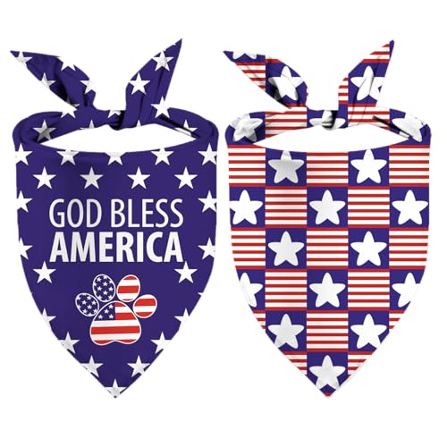 4th of July Dog Bandana - God Bless America Patriotic Puppy Scarf - 2 Pcs Adjustable Triangle Double Layer Reversible Independence Day Pet Bandanas for Small Medium Large Dogs