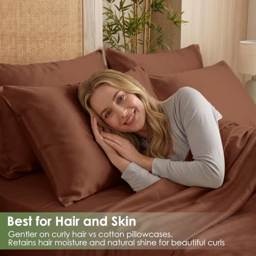 Image of MICORAL Queen Sheet Set, Rayon Derived from Bamboo Cooling Sheets for Queen Size Bed Set, Breathable & Soft, Deep Pocket Up to 16 inch, Hotel Luxury Silky Bedding for Hot Sleepers, Brown