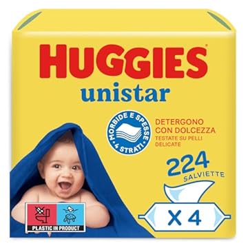 Huggies Unistar, Salviette neonato, Dermatologicamente testate, 65% fibre assorbenti naturali, 224 Pz (4 x 56)