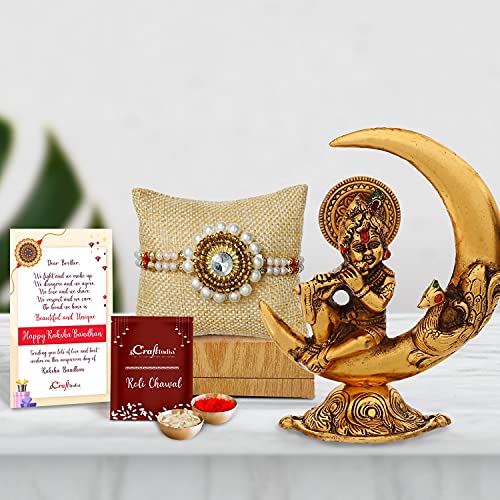 Image of eCraftIndia Rakhi Gift for Brother | Golden & White Beads Pearl Diamond Designer Bhaiya Bhabhi Rakhi Set