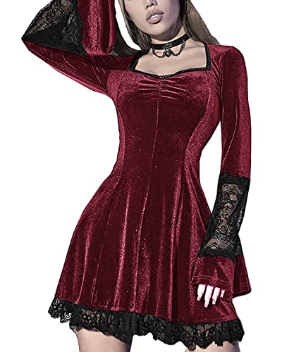 XKBHYD Weihnachtskleid Damen Samt Kleider Elegant Festlich Herbst Winter Langarm Kleid Glockenärmel Eckiger Ausschnitt Partykleid