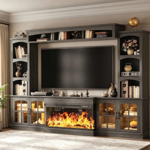 Image of MXV 98 inch Farmhouse Fireplace TV Stand, Large Wall Unit Entertainment Center with 36 inch Electric Fireplace, Media Console with Storage Cabinets and Open Shelves for Living Room, Grey
