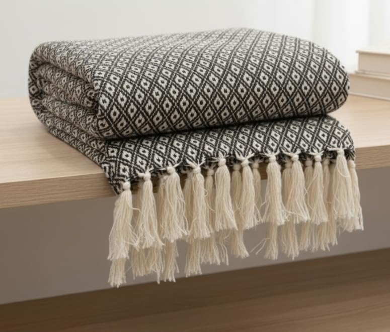 Image of HAKAM Black & White Diamond Cotton Throw Blanket | Handwoven Geometric Pattern Sofa & Bed Throw with Tassels | Soft Decorative Blanket for Living Room & Bedroom | 125X150 cm | Pack of 1