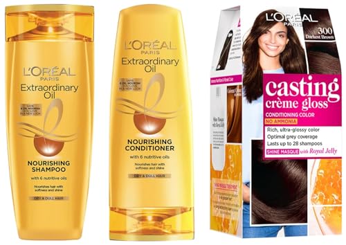 L’Oréal Paris Semi-Permanent Hair Colour, Casting Crème Gloss Darkest Brown 300 (87.5g+72ml), Nourishing Shampoo 340ml & 6 Oil Nourish Conditioner 175ml | Ammonia-Free, Glossy Shine & Soft Hair