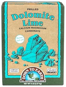 Down to Earth Dolomite Lime is a five pound box of mineral fertilizer and is listed by the Organic Materials Review Institute (OMRI) for use in organic production Supplies essential nutrients calcium and magnesium, and sweetens your soil (raises the ...
