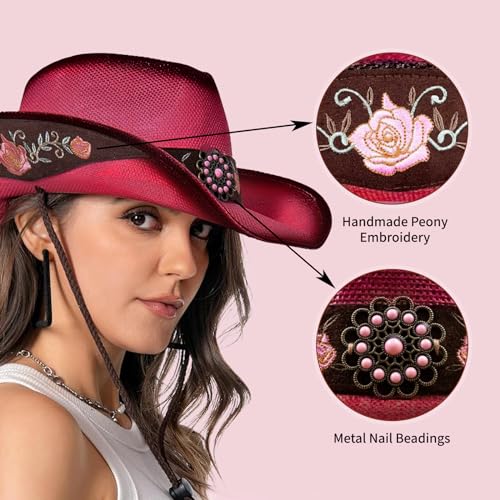 Image of Cowboy Hats for Women, Brown Cowgirl Hats Classic Straw Western Hats for Women Music Festival Party Beach.