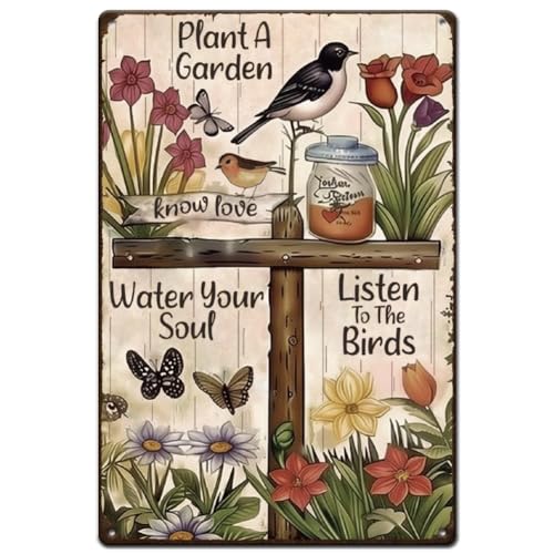 SUPERDANT Plaque Metal Vintage D'Oiseau et de Fleur pour Planter un Jardin Plaque Murale Decorative pour Arroser Votre Âme Citations Inspirantes Affiche D'Art...