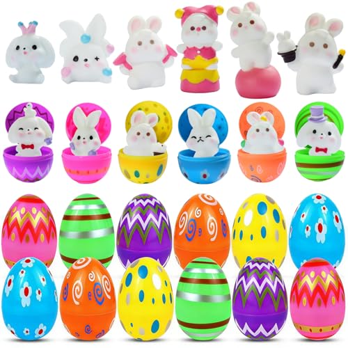 AEYAKA Œufs de Pâques avec Lapins 3D – Lot de 12 Œufs Réutilisables Préremplis, Figurines Lapin Amovibles aux Poses Variées pour Enfants, Chasse aux...