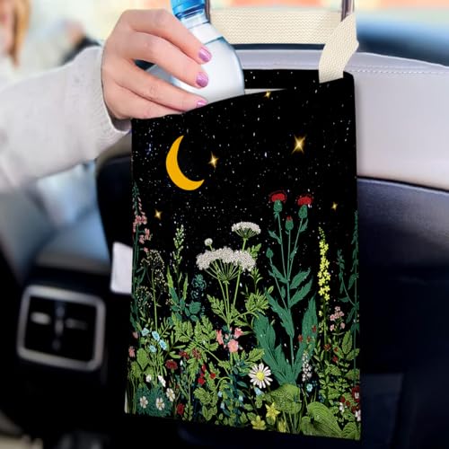 Image of IRADA Car Trash Bag Hanging No Snap Small Garbage Bag for Car Back Seat Cute Printed One-Handed Strap Trash Bags Car Accessories-Wildflowers-Black Car Trash Bags
