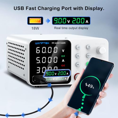 Image of WANPTEK DC Power Supply Variable 0-60V 0-5A, Adjustable Switching Regulated Bench Power Supply with Memory Preset, Lock Key, OCP Protection, USB Fast Charging for Laboratory /Electronic Repair