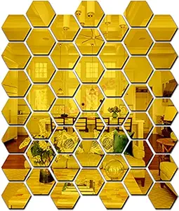 Wall1ders 50 Hexagon with 10 butterflies (Each Hexagon Size 10.5 cm x 12 cm) Hexagon mirror wall stickers, mirror stickers for wall, acrylic mirror wall decor sticker, wall mirror stickers, hexagonal mirror wall sticker., Mirror Stickers for Wall, Acrylic Stickers(Gold)
