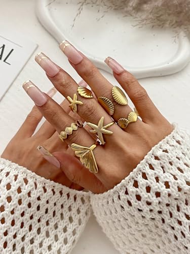 6PCS Chunky Gold Starfish Shell Rings for Women Trendy Dainty Summer Beach Stackable Stainless Steel Ring Surfer Fashion Statement Beachy Boho Jewelry Gifts3