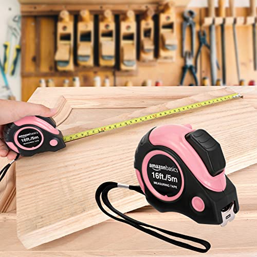 amazon basics retractable tape measure with push button easy to use 16 feet pink