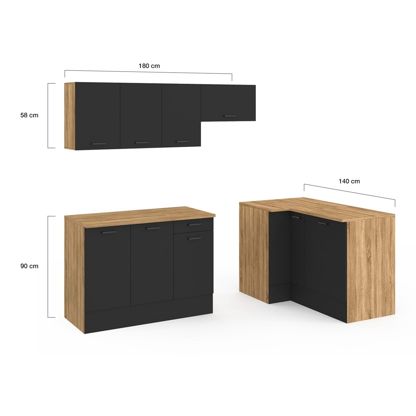 IDMarket - Cocina completa en ángulo 400 CM SUBTIL con encimera de 7 elementos en madera y negro
