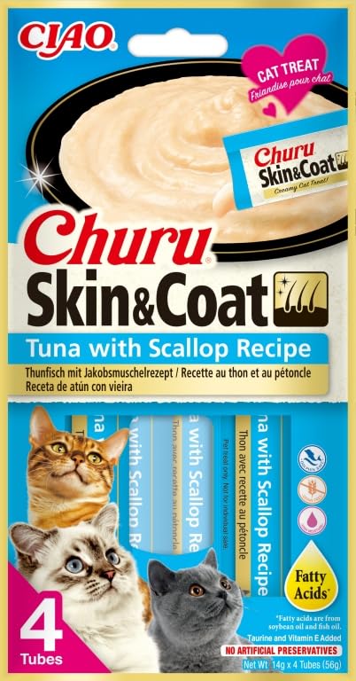 Churu Cat Skin & Coat Snack für Katzen, 12 x 4 x 14 g (Thunfisch und Jakobsmuschel)