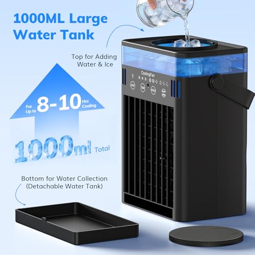 Portable Air Conditioner, Mini Air Conditioner Portable Cooling Fan with Remote Control, 3 Wind Speed & 3 Mist Level & 2-8H Timer & 7 LED Light Evaporative Air Cooler for Home Offi image 4