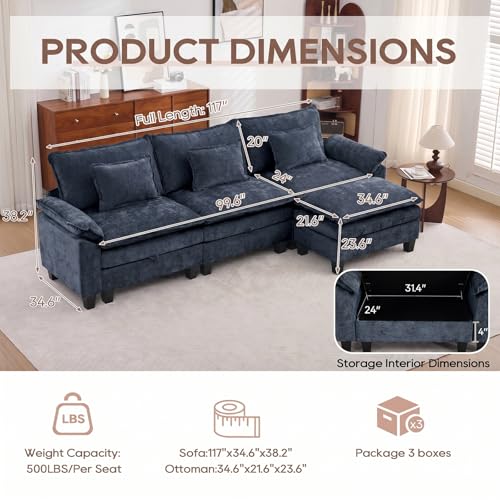 Image of IPKIG 117 inch Modular Cloud Couch with Storage, L Shaped Sectional Sofa with Ottoman & Pillow, Chenille Deep Seat Sectional Couches for Living Room, Apartment, Blue