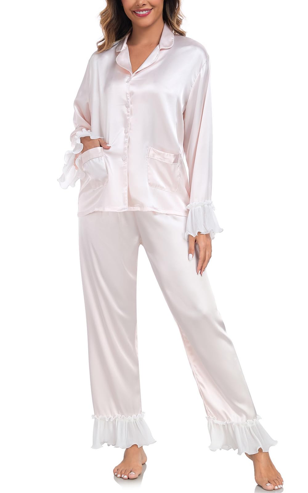 BestWendding Womens Silky Pajamas Ruffle Hem Long Sleeve Collar Shirt and Long Pants Button Up Lounge Sets with Pockets