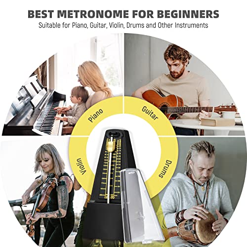 LEKATO Mechanisches Metronom für Klavier Gitarre Bass Violine Ukulele Schlagzeug Saxophon Banjo Mandoline - Visualisierung von Takt & Tempo, lauter Klang mit betonter Glocke, hohe Präzision, Schwarz