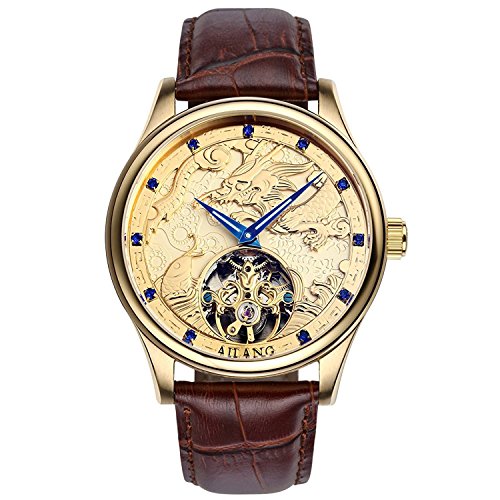 WhatsWatch Ailang Men's Gold Watch Emboss 3D Chinese Dragon Brown Leather Band Waterproof Automatic Wristwatch