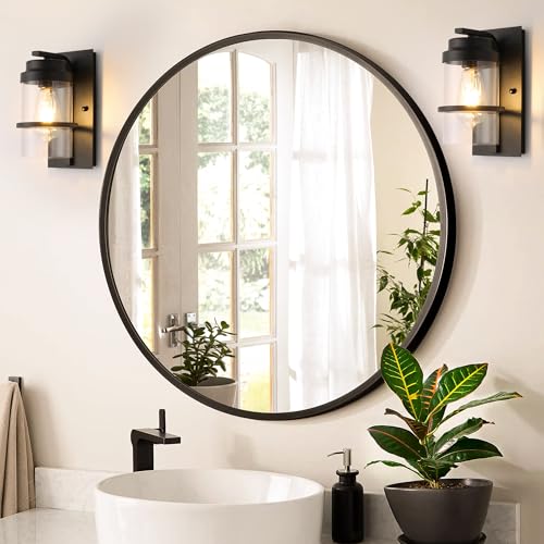 Image of Modern Farmhouse Black Wall Sconce,Glass Wall Light Fixture,E26 | Industrial hardwired indoor fixture,ideal for bedroom,hallway,bathroom and living room,modern style home decor with E26 base.