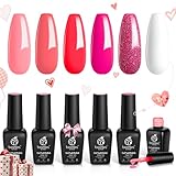 Beetles Gel Nail Polish Set - 6 Colors Pink Rose Red Nail Gel Polish Kit White Gel Nail Polish Valentine Gel Nail Polish Collection Pink Glitter Gifts for Women Soak Off Uv Nail Lamp Manicure Kit