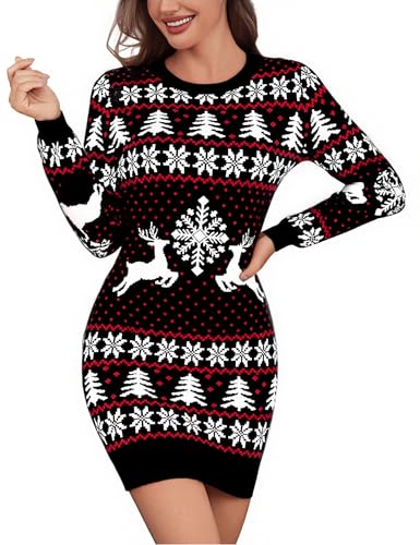Litherday Weihnachtskleid Damen Strickkleid Winter Langarm Rundhals Sexy Pulloverkleid mit Elch Schneeflocken Weihnachtsoutfit Schwarz M