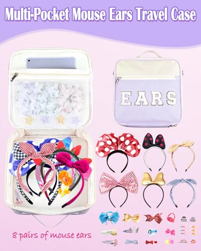 Mouse Ears Travel Case Multipocket Large Chenille Letter Mouse Ears Headband Holder with Shoulder Strap 11"x11"x4.5"4