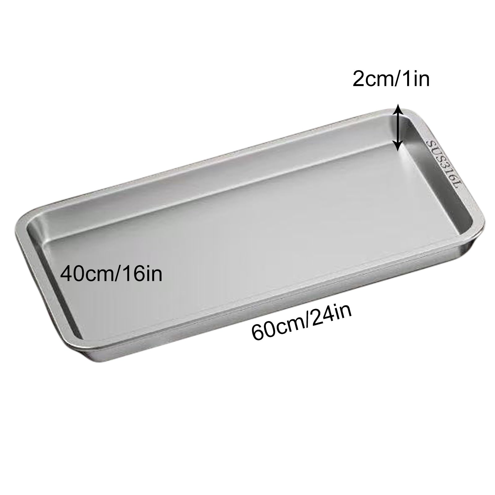 Bandeja Acero Inoxidable Reforzada, Tray, Acero Inoxidable 316L, Moldeada en Una Sola Pieza, Fácil de Limpiar y con Bordes Anchos(60x40x2cm/24x16x1in)