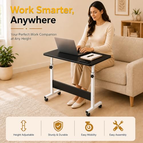 Image of Ant Esports Bravo LT400 Multipurpose Height Adjustable Laptop Table with Wheels, Rolling Computer Desk, Portable Study Table, Home Office Desk, Mobile Workstation, Black Top with White Metal Frame