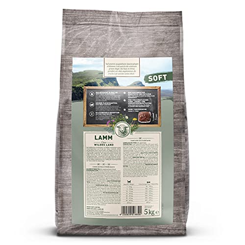 Wildes Land - Halbfeuchtes Trockenfutter für Hunde - Lamm - 5 kg -Soft mit Reis und Wildkräutern - Glutenfrei - Extra viel Fleisch - Für alle Hunderassen - Beste Akzeptanz