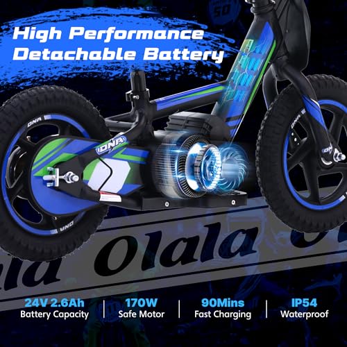 Image of OLALA Electric Dirt Bike for Kids Aged 3-6, 170W Racing Grade Electric Motorcycle, New Aluminum Frame with 2 Power Modes, 24V Detachable Battery, 12IN Knobby Tires