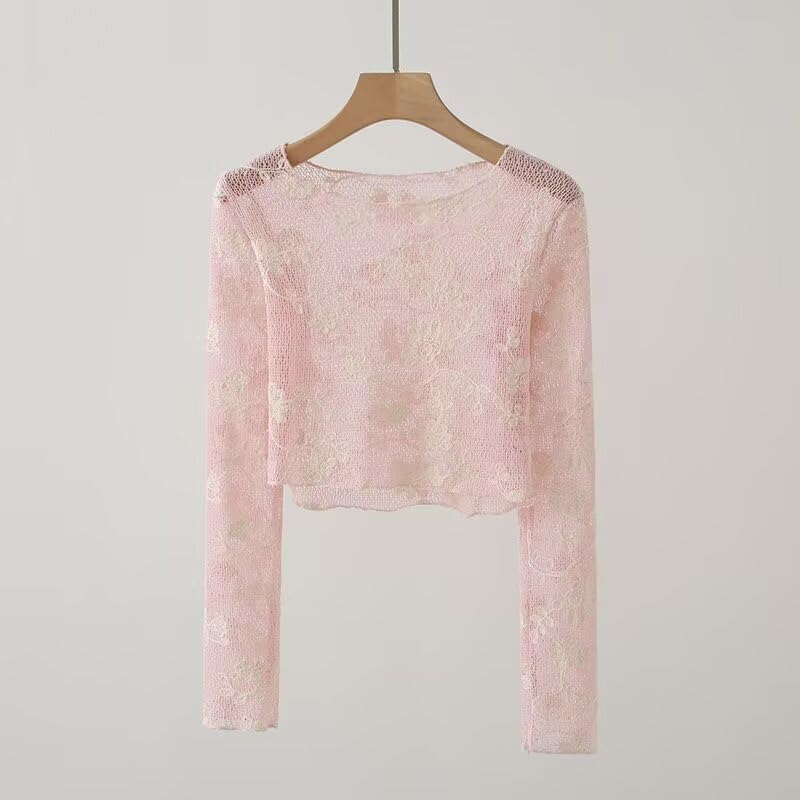 Image of ICW Women Long-Sleeves Boat Neck Transparent Mesh Sheer Floral Embroidery Crop Top T-Shirt DN648