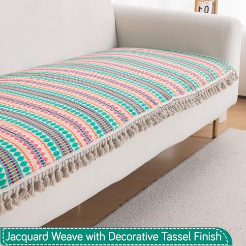 Image of HOKIPO 'Artisan Boho Series' L Shape (3+2 Seater) Seat Mat for Sofa | Thick 450 GSM Cotton Acrylic Jacquard Fabric Cover with Tassel, Mint Green (IN-904+903-A7)
