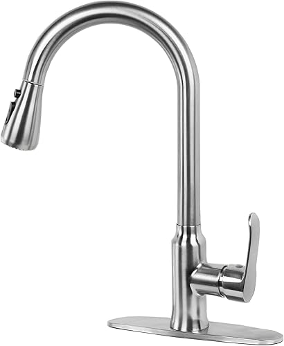 MAKEIN Grifos de cocina con rociador extraíble, grifo de fregadero de cocina de arco alto de una sola manija, níquel cepillado, grifo de fregadero