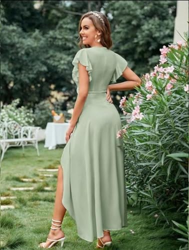 Kyeuan Flutter Sleeve Bridesmaid Dresses for Wedding Tea Length Chiffon Formal Dress with Slit3